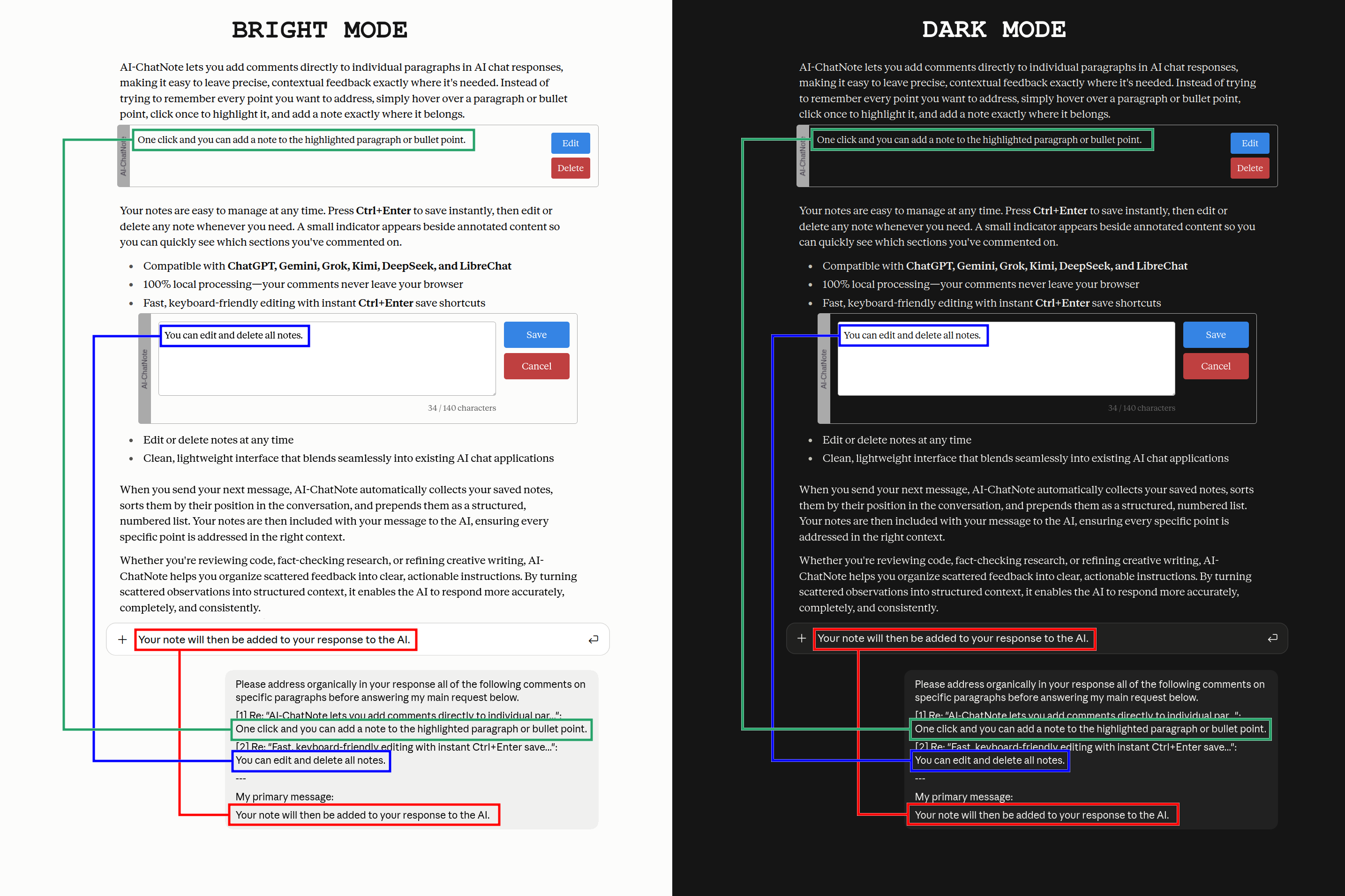 AI-ChatNote panel showing paragraph comments in an AI chat interface